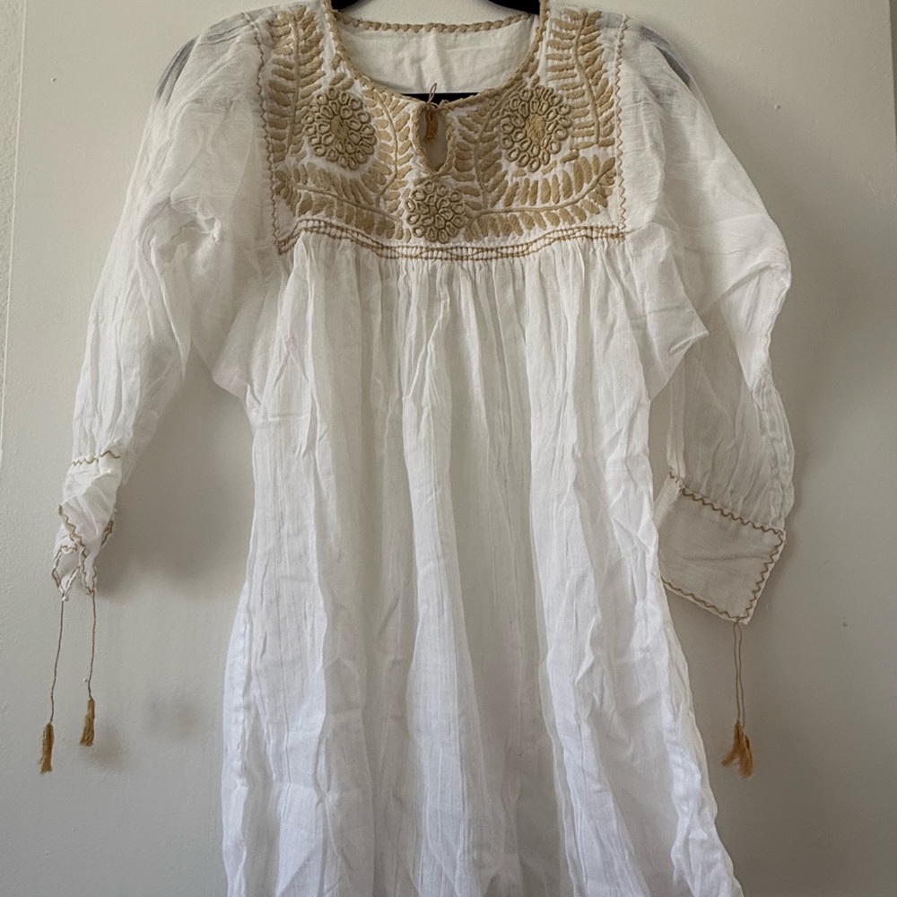 White and Gold Embroidered Boho Blouse